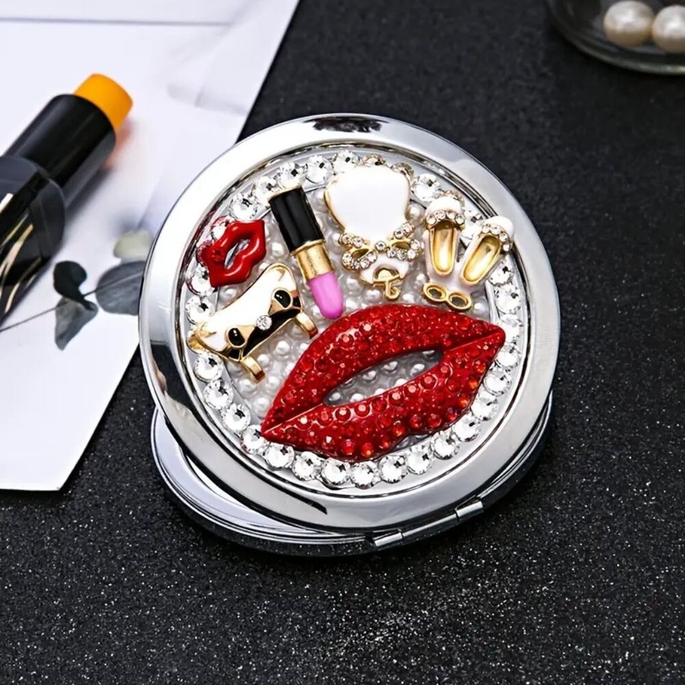 Glam Rhinestone Compact Makeup Mirror with 1x/2x Magnification & Chic Charms - Picture 2 of 8
